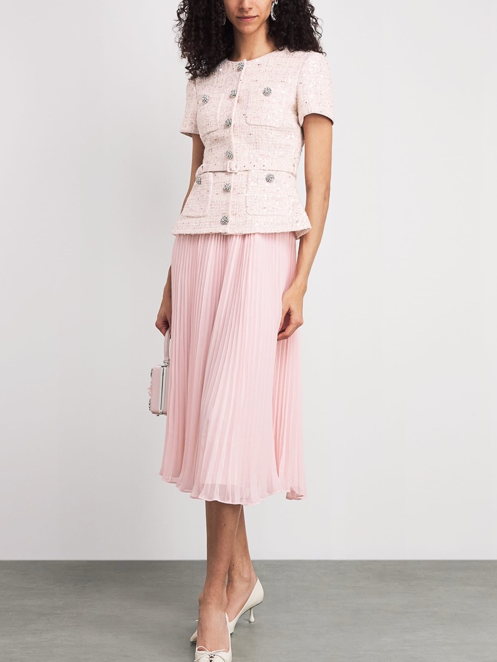 Self-Portrait NWOT PINK SEQUIN BOUCLE TAILORED MIDI DRESS - Picture 2 of 12
